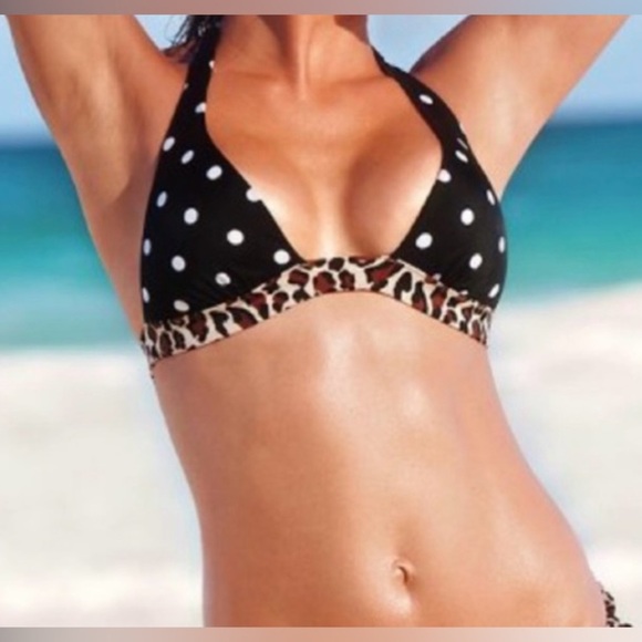 Victoria Secret Black Polka Dot And Leopard Print Bikini Top small - Picture 1 of 9